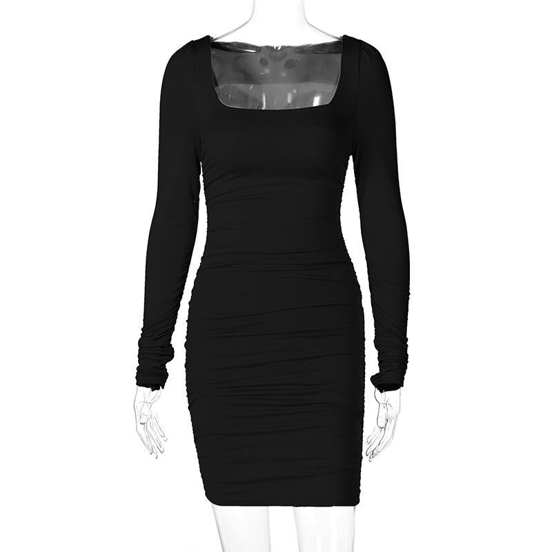 GUJI—231 Spring/Summer New Fashionable Slim Fit Long Sleeve Pleated Solid Color Dress For Women