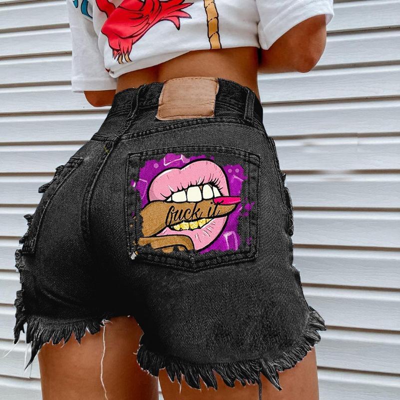 GUJI—145 Mouth And Finger Print Fashion Distressed Denim Shorts For Women Women S Beach Casual Womenswear Fit Jeanfashion