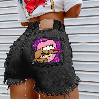 GUJI—145 Mouth And Finger Print Fashion Distressed Denim Shorts For Women Women S Beach Casual Womenswear Fit Jeanfashion