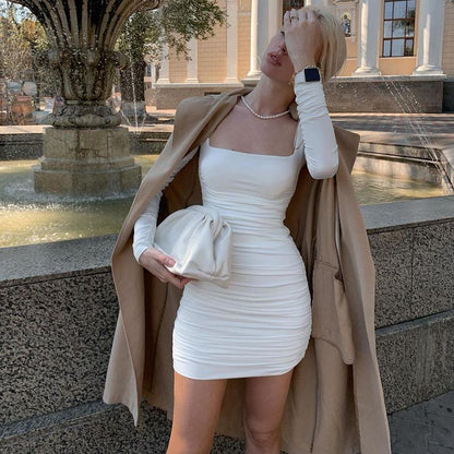 GUJI—231 Spring/Summer New Fashionable Slim Fit Long Sleeve Pleated Solid Color Dress For Women