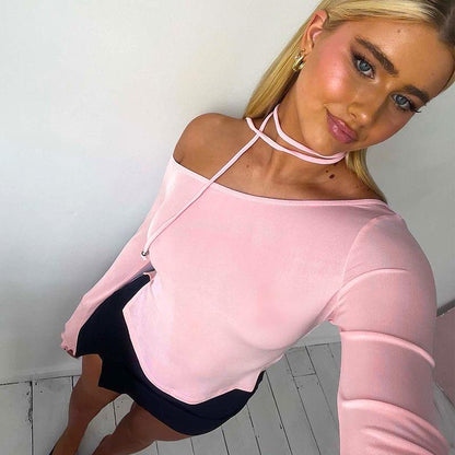 GUJI—193 Women's INS Spring New Arrival Solid Color Off-Shoulder Long Sleeve Slim Fit Fashion Solid Chic