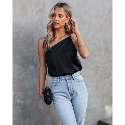 GUJI—13 Women's New Sleeveless One-Shoulder Asymmetrical Neck Satin Tank Top Fashion tubetopandjorts
