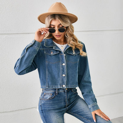 GUJI—-95 Denim Short Jacket For Women, Long Sleevefashion white tanktop plain minimalist denim jacke