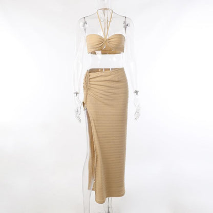 GUJI—47 Summer New Sexy Halter Neck Backless Crop Top And Split Dress Set For Women Fashion