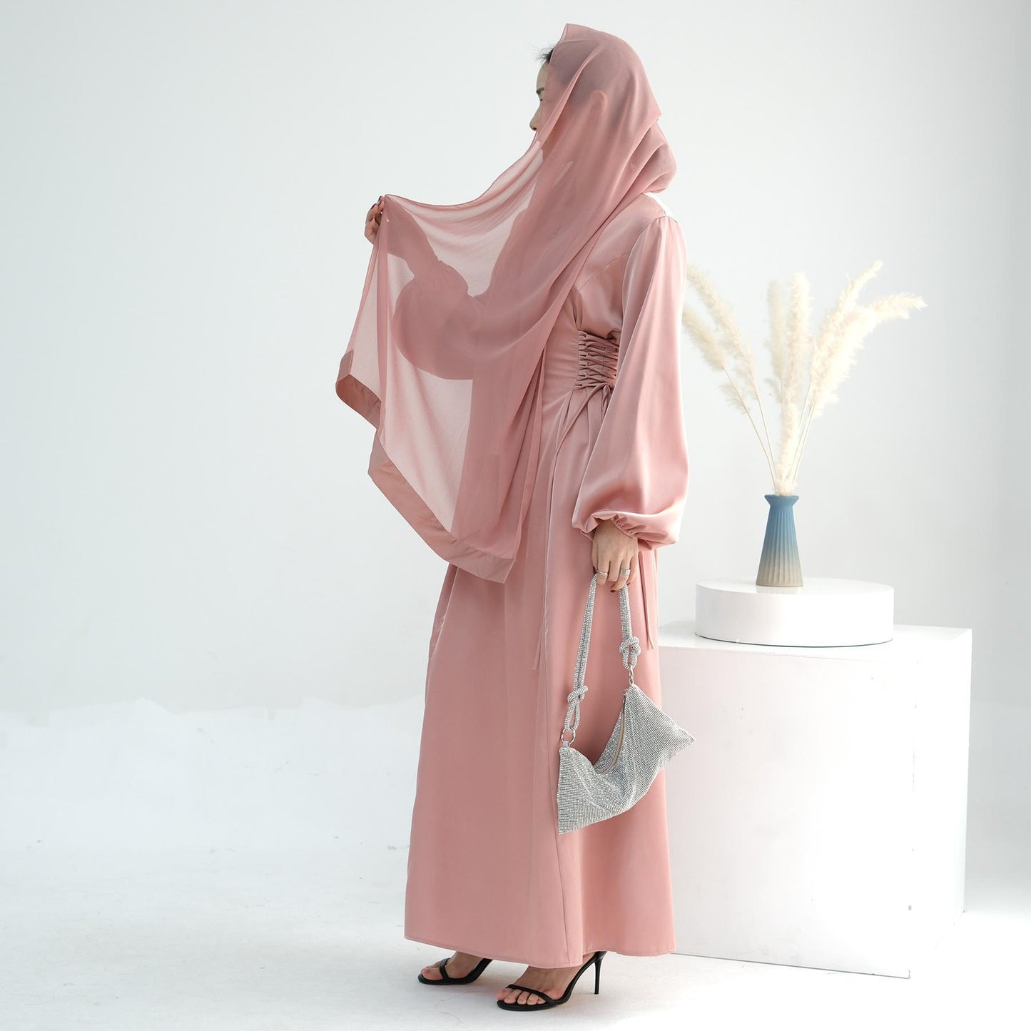 TY-603 Abaya Solid Color High-Neck Slim-Fit Ribbon Dress