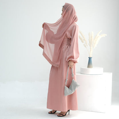 TY-603 Abaya Solid Color High-Neck Slim-Fit Ribbon Dress