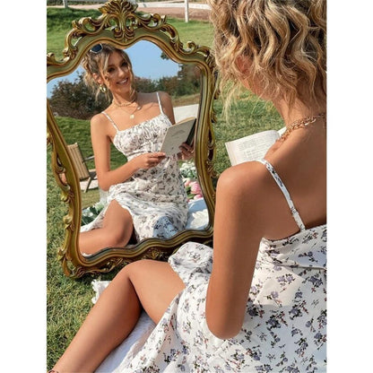 GUJI—140 Milkmaid Sundress Dress Charming Floral Commuter Dress Milkmaidsundressdress Breathable Casual Womenswear Comfort Elegantfashion Dress Shopping Date Dress halter regular casual dresses family uniform she in favorite dress