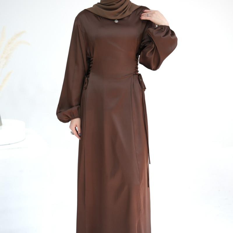 TY-603 Abaya Solid Color High-Neck Slim-Fit Ribbon Dress
