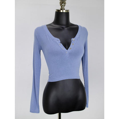 GUJI—16 Slim-Fit Bodycon Half-Open Collar Single-Breasted Long Sleeve Base Shirt, Autumn Sexy Body-Shaping V-Neck Short Top For Women Fashion