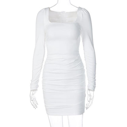 GUJI—231 Spring/Summer New Fashionable Slim Fit Long Sleeve Pleated Solid Color Dress For Women