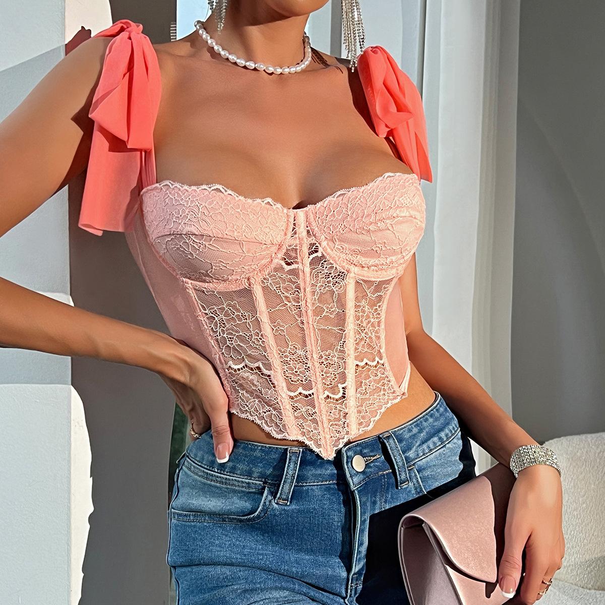 GUJI—152 New Lace Strap INS Style Desire Top With Steel Bone Fishbone Hollow Suspender Straps Crop Vest Tank & Tube Tops Fashion Fit Womenswear Fashion Top Fashion regular sleeve fashion
