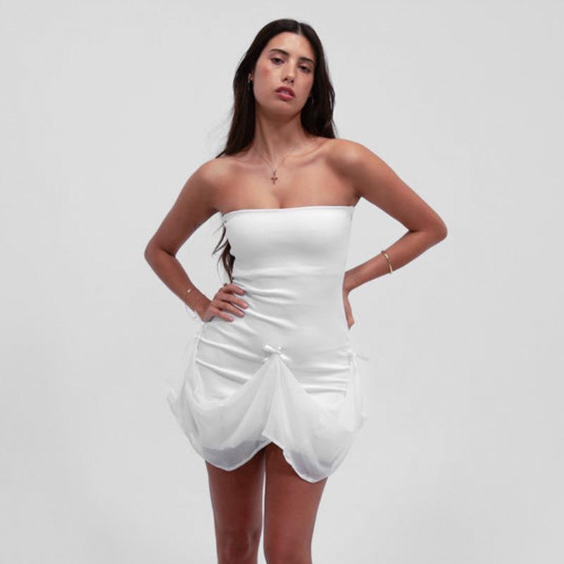 GUJI—370 Solid Color Spaghetti Strap High Waist Two-Way Bow Tie Dress modest tops