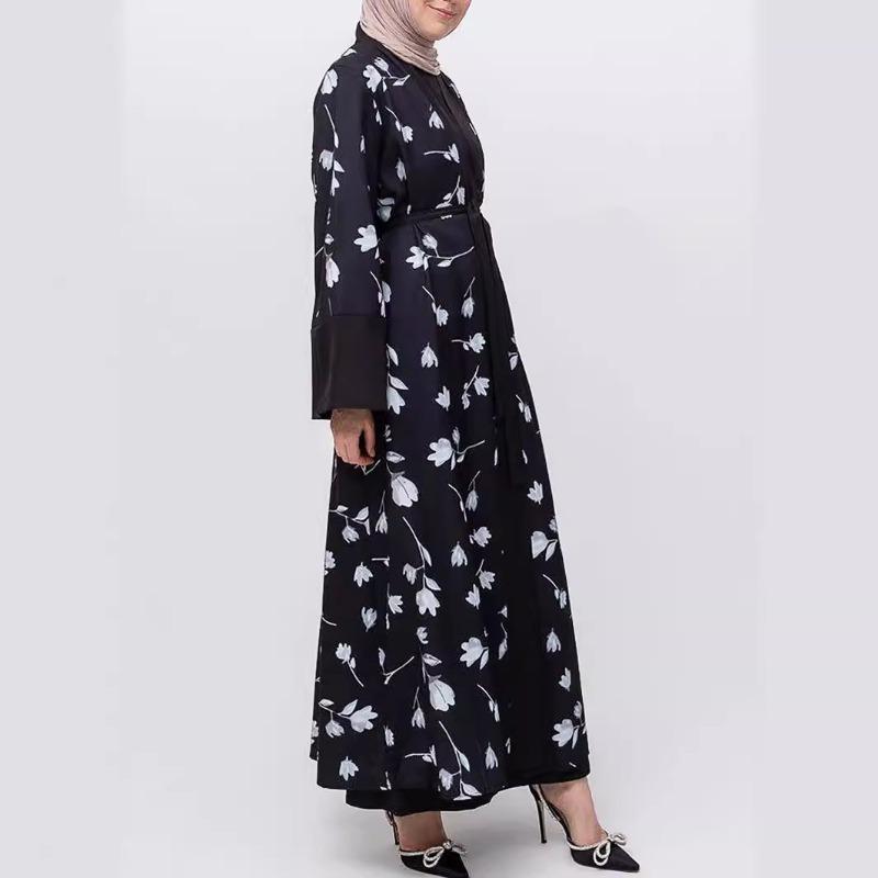 ZM-38 Open Front Long Robe Patchwork Bell Sleeve Printed Dress Fashion