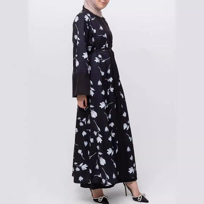 ZM-38 Open Front Long Robe Patchwork Bell Sleeve Printed Dress Fashion