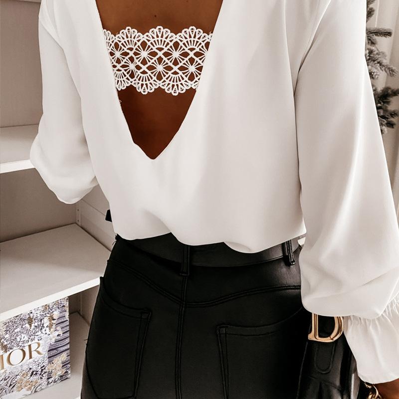 GUJI—20 Street Style Mock Neck V-neck Slim Fit Backless Women's Long Sleeve Shirt Fashion Solid Chic
