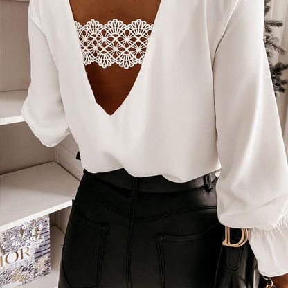 GUJI—20 Street Style Mock Neck V-neck Slim Fit Backless Women's Long Sleeve Shirt Fashion Solid Chic