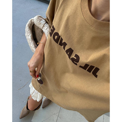 GUJI—70 Simple Basic Letter Print T-Shirt For Women Summer INS Style Loose Round Neck Mid-Length Topfashion white tanktop regular sleeve fashion