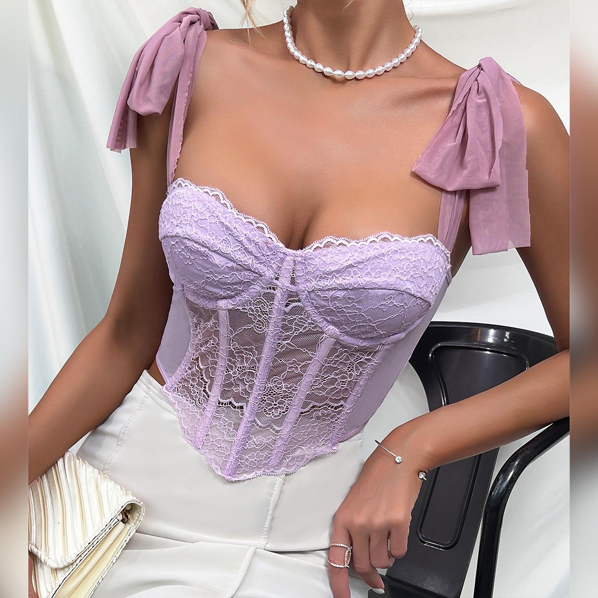 GUJI—152 New Lace Strap INS Style Desire Top With Steel Bone Fishbone Hollow Suspender Straps Crop Vest Tank & Tube Tops Fashion Fit Womenswear Fashion Top Fashion regular sleeve fashion
