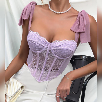 GUJI—152 New Lace Strap INS Style Desire Top With Steel Bone Fishbone Hollow Suspender Straps Crop Vest Tank & Tube Tops Fashion Fit Womenswear Fashion Top Fashion regular sleeve fashion