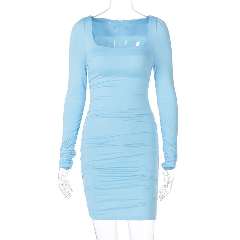 GUJI—231 Spring/Summer New Fashionable Slim Fit Long Sleeve Pleated Solid Color Dress For Women