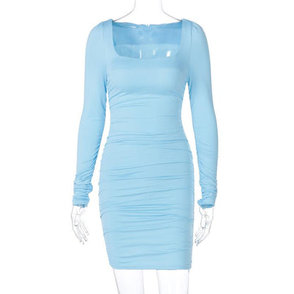 GUJI—231 Spring/Summer New Fashionable Slim Fit Long Sleeve Pleated Solid Color Dress For Women