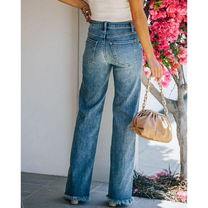 GUJI—172 Women's High-Waisted Distressed Wide-Leg Frayed Hem Jeans Distressed Denim Fashion pants trouserpants