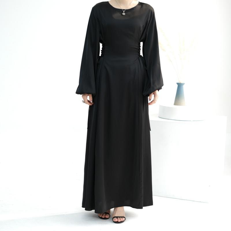 TY-603 Abaya Solid Color High-Neck Slim-Fit Ribbon Dress