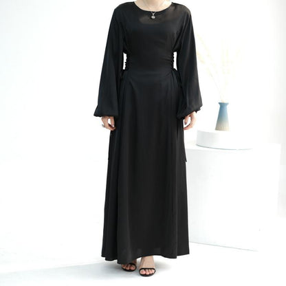 TY-603 Abaya Solid Color High-Neck Slim-Fit Ribbon Dress