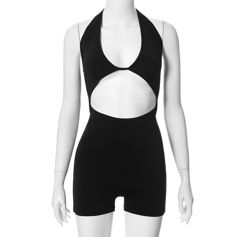 GUJI—131 Summer New Solid Color Sleeveless Halter Hollow Out Midriff-Baring Backless Sexy Romper Tank Romper Sports Br Afashion