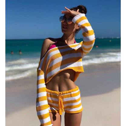 GUJI—9 Women's Autumn/Winter New Long Sleeve Crop Top Sexy Two-Piece Set Fashion