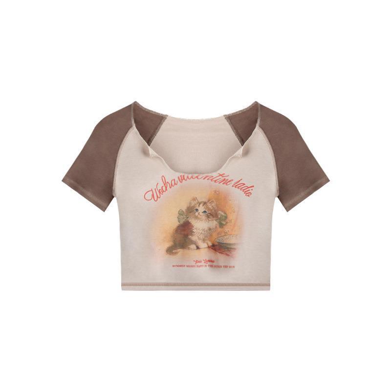 GUJI—10 Vintage Cat Short Sleeve T-Shirt For Women 2024 Summer New Slim Fit Crop Top Sweet And Spicy Blouse Fashion mitsycroptop cheap sweatshirt regular sleeve fashion