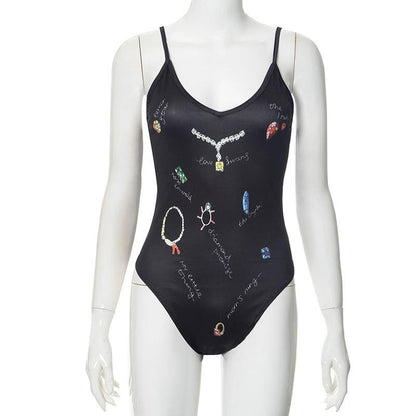 GUJI—401 Summer Floral Mesh Spaghetti Strap Backless Bodysuit