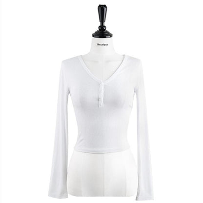 GUJI—15 Women's New Fashion Button-Detail Base Shirt, Slim Fit Long Sleeve Top Fashion baggy shirt