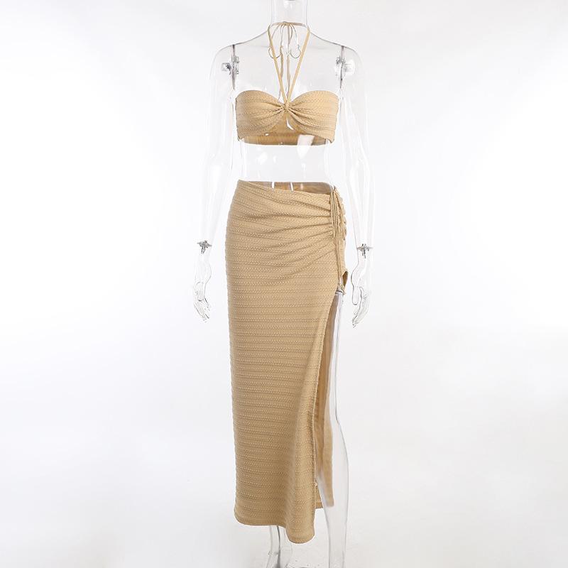 GUJI—47 Summer New Sexy Halter Neck Backless Crop Top And Split Dress Set For Women Fashion