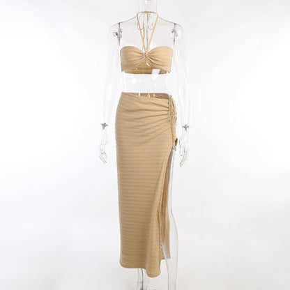 GUJI—47 Summer New Sexy Halter Neck Backless Crop Top And Split Dress Set For Women Fashion