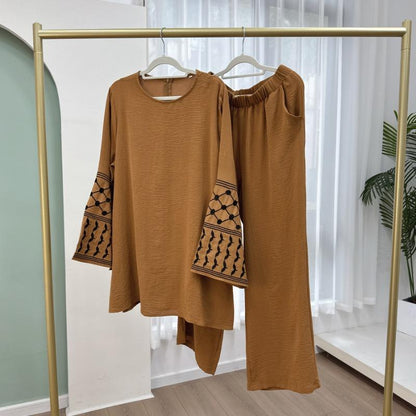 TY-613 Embroidered Top With Wide-Leg Pants Two-Piece Set