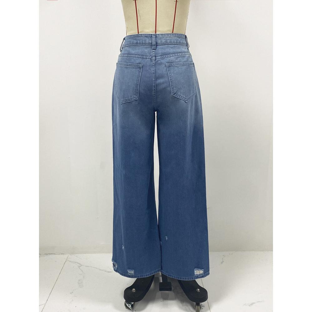 GUJI—171 Vintage Straight-Leg Distressed Jeans - New Wide-Leg Foreign Trade Pants Distressed Denim Fashion