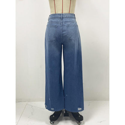 GUJI—171 Vintage Straight-Leg Distressed Jeans - New Wide-Leg Foreign Trade Pants Distressed Denim Fashion
