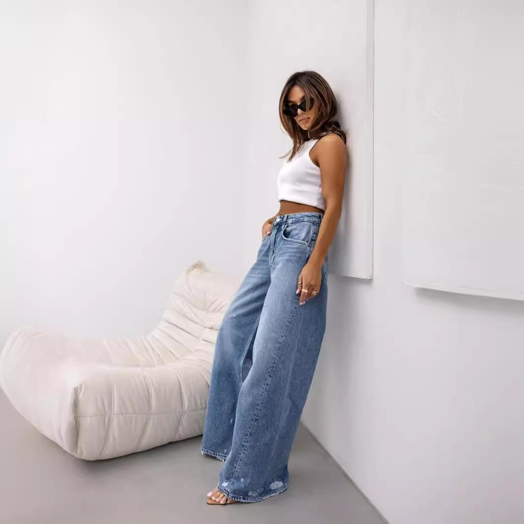 GUJI—171 Vintage Straight-Leg Distressed Jeans - New Wide-Leg Foreign Trade Pants Distressed Denim Fashion