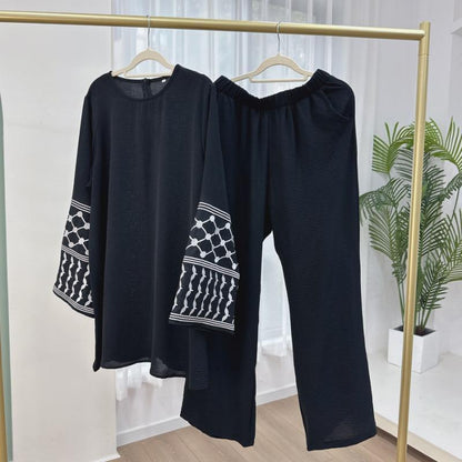TY-613 Embroidered Top With Wide-Leg Pants Two-Piece Set