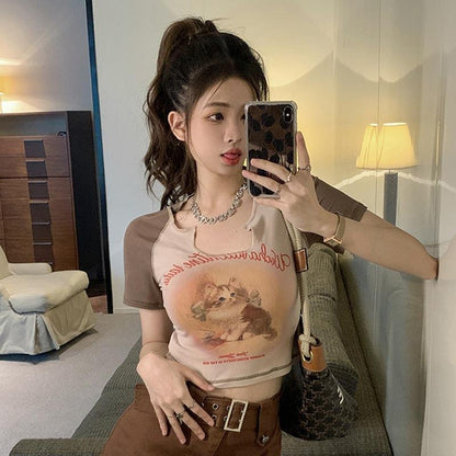 GUJI—10 Vintage Cat Short Sleeve T-Shirt For Women 2024 Summer New Slim Fit Crop Top Sweet And Spicy Blouse Fashion mitsycroptop cheap sweatshirt regular sleeve fashion