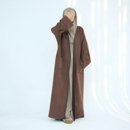 TY-632 Fall/Winter Suede Velvet Open Front Maxi Dress