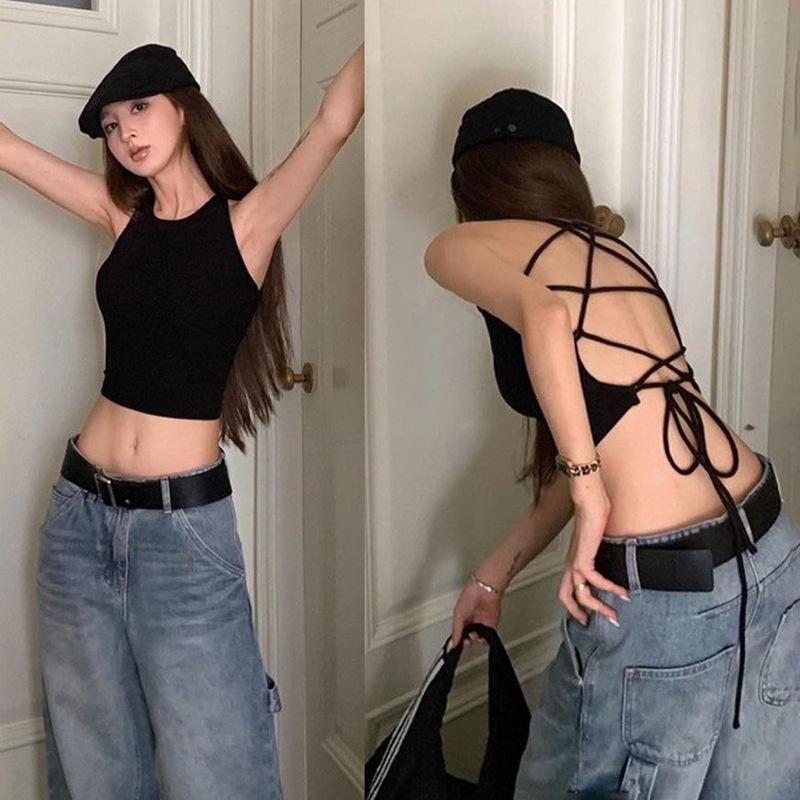 GUJI—14 Women's New Sleeveless Tie-Back Crop Top With Straps And Open Back Fashion mitsycroptop baggy shirt wardrobe essential wardrobe staple blusas linda regular sleeve fashion