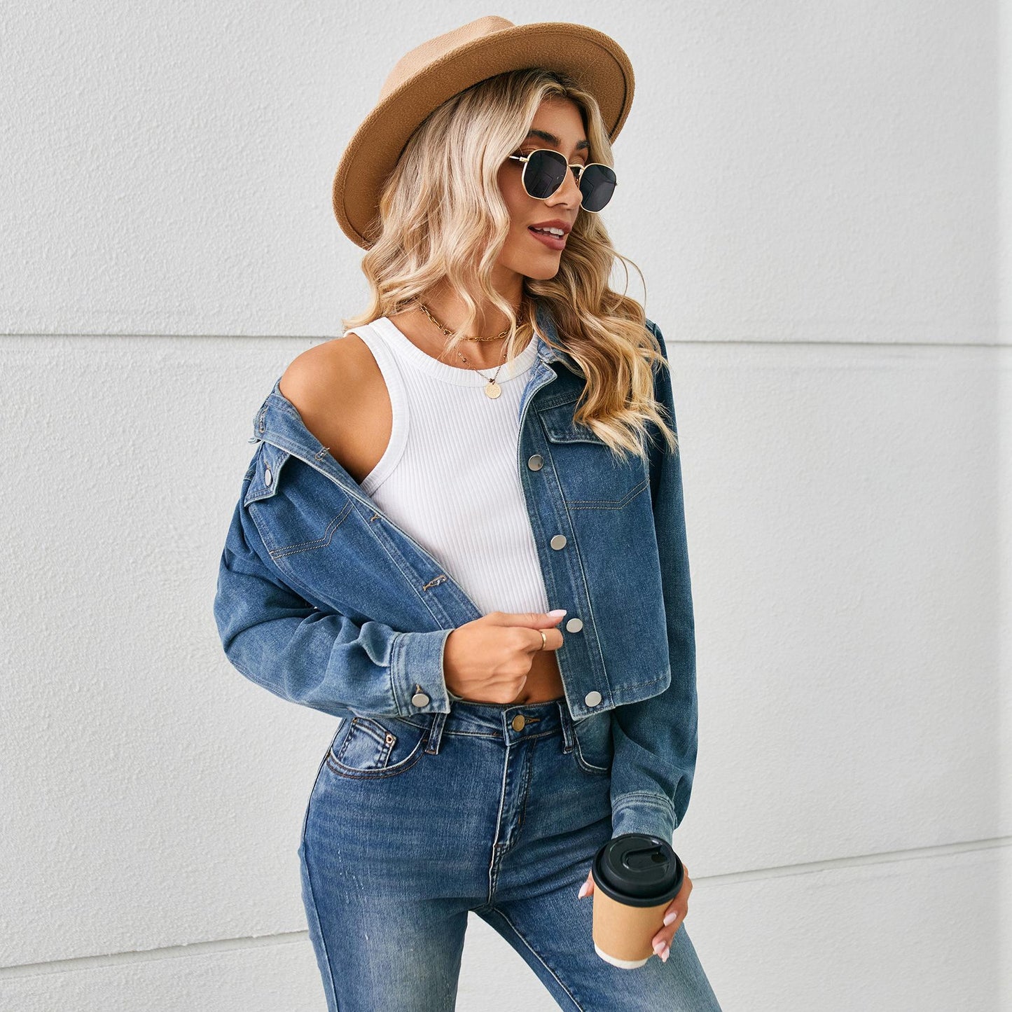 GUJI—-95 Denim Short Jacket For Women, Long Sleevefashion white tanktop plain minimalist denim jacke