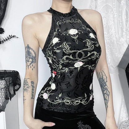 GUJI—170 Chinese Style Printed Velvet Lace Halter Top For Women Fashion Top Fashion slim-fitting fashion halter solid