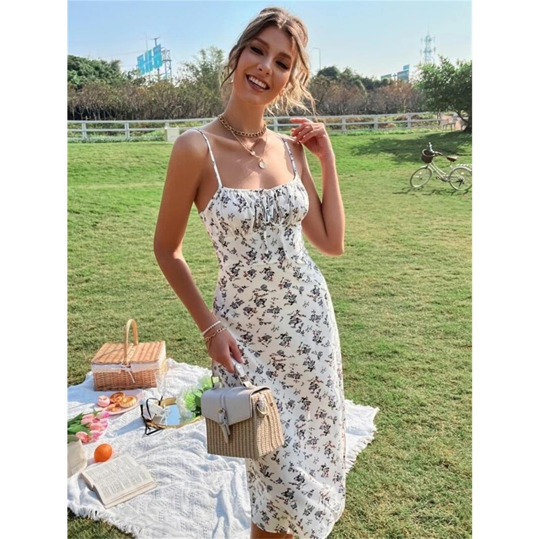 GUJI—140 Milkmaid Sundress Dress Charming Floral Commuter Dress Milkmaidsundressdress Breathable Casual Womenswear Comfort Elegantfashion Dress Shopping Date Dress halter regular casual dresses family uniform she in favorite dress