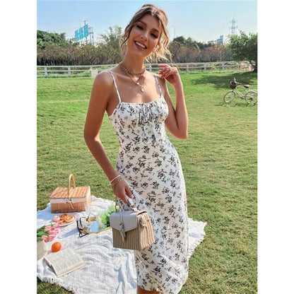 GUJI—140 Milkmaid Sundress Dress Charming Floral Commuter Dress Milkmaidsundressdress Breathable Casual Womenswear Comfort Elegantfashion Dress Shopping Date Dress halter regular casual dresses family uniform she in favorite dress