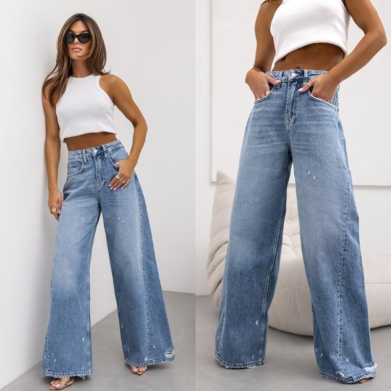GUJI—171 Vintage Straight-Leg Distressed Jeans - New Wide-Leg Foreign Trade Pants Distressed Denim Fashion