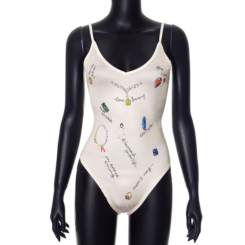 GUJI—401 Summer Floral Mesh Spaghetti Strap Backless Bodysuit