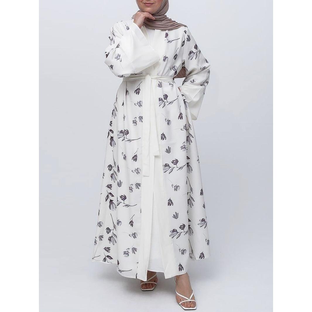 ZM-38 Open Front Long Robe Patchwork Bell Sleeve Printed Dress Fashion